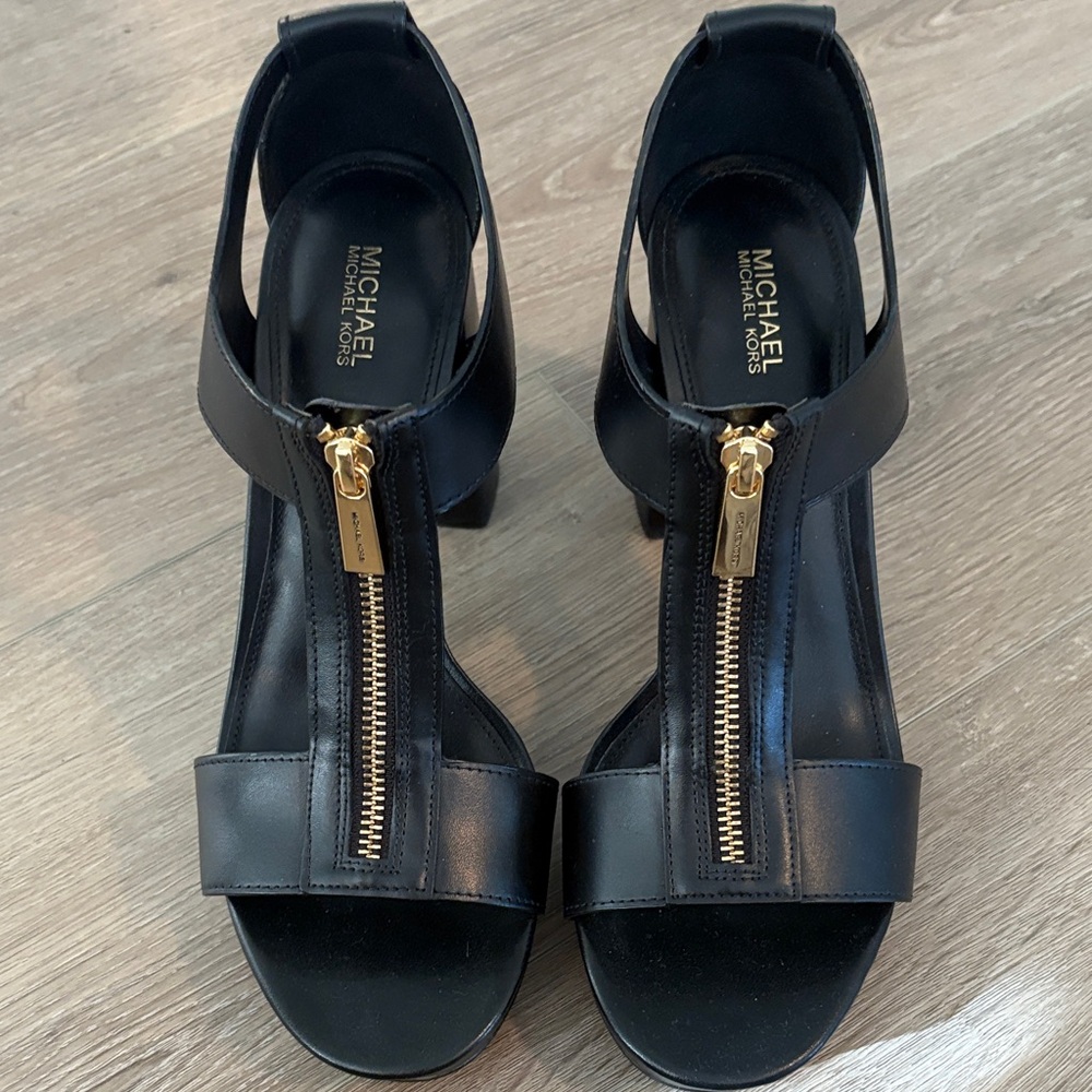 Michael Kors Black Heeled Sandals with Gold Zipper